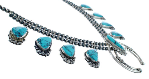 Turquoise Sterling Silver Navajo Naja Squash Blossom Necklace Set AX124628
