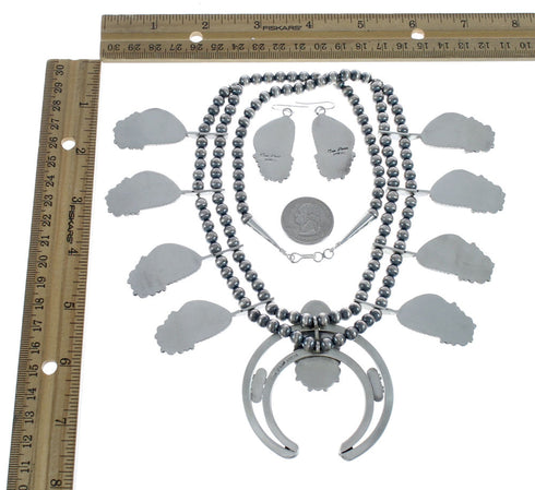 Turquoise Sterling Silver Navajo Naja Squash Blossom Necklace Set AX124628