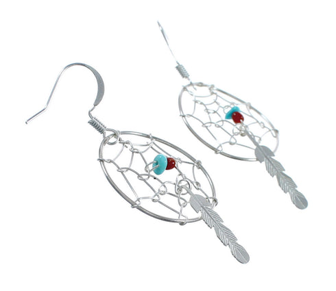 Sterling Silver Turquoise Coral Dream Catcher Feather Navajo Hook Dangle Earrings AX124530