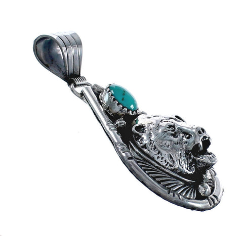 Native American Navajo Turquoise Bear Sterling Silver Pendant AX124545