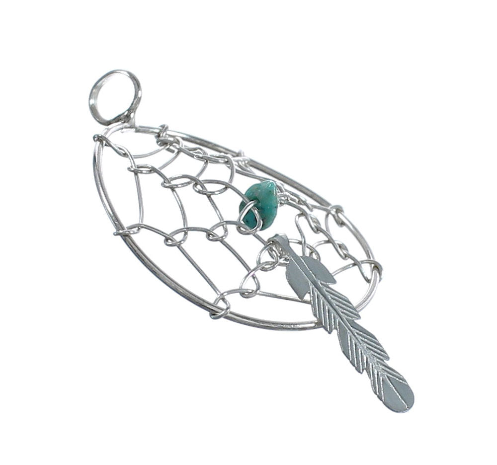 Native American Sterling Silver Turquoise Dream Catcher Feather Pendan ...