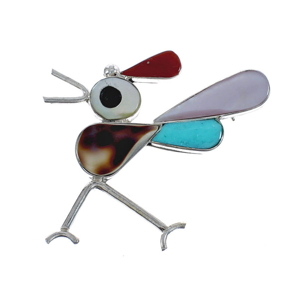 Native American Zuni Sterling Silver Multicolor Road Runner Pin Pendant JX124461