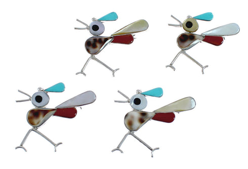 Native American Zuni Sterling Silver Multicolor Road Runner Pin Pendant JX124467