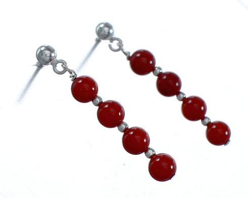 Sterling Silver Navajo Coral Bead Post Dangle Earrings AX124670