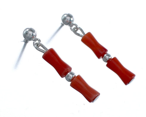 Native American Coral Sterling Silver Bead Post Dangle Earrings AX124704
