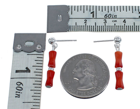 Native American Coral Sterling Silver Bead Post Dangle Earrings AX124704