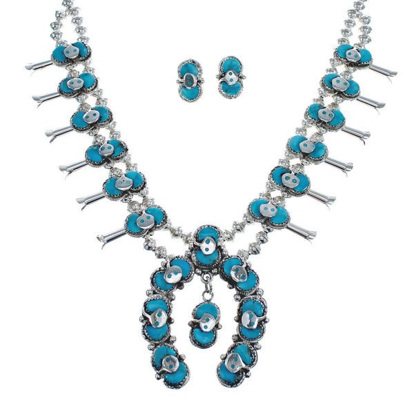 Zuni Turquoise Snake Squash Blossom Necklace And Earrings Set AX124757