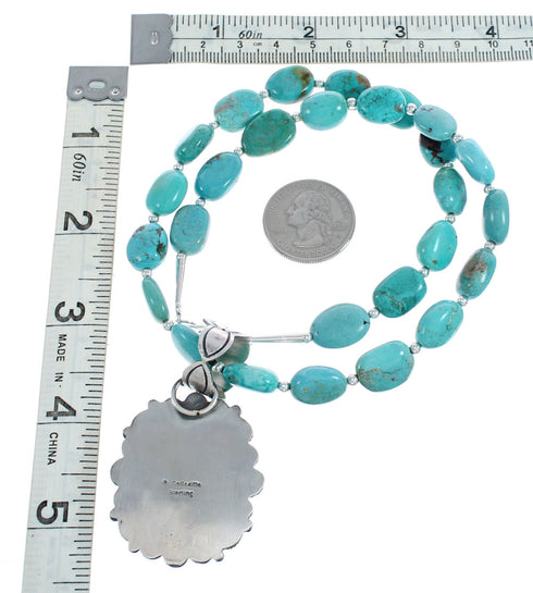 Native American Turquoise Sterling Silver Bead Necklace And Pendant Set AX124770