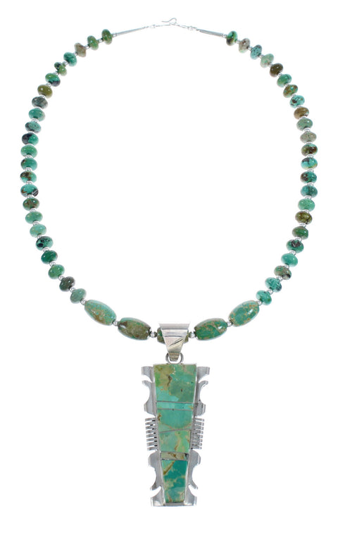 Native American Kingman Turquoise Inlay And Sterling Silver Bead Necklace And Pendant Set AX124775