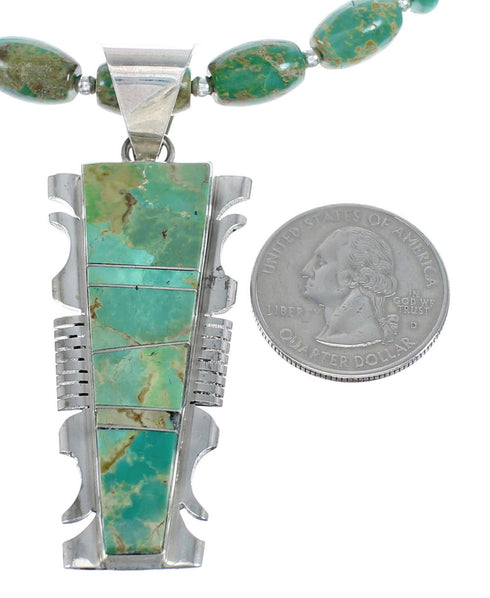 Native American Kingman Turquoise Inlay And Sterling Silver Bead Necklace And Pendant Set AX124775