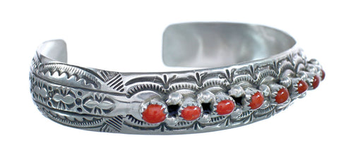 Native American Navajo Coral Sterling Silver Cuff Bracelet AX124847