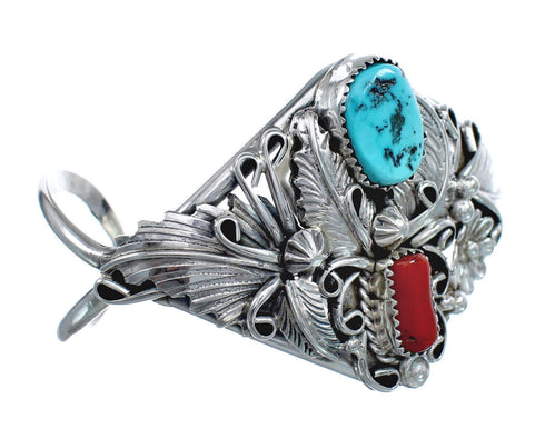 Native American Turquoise Coral Scalloped Leaf Sterling Silver Cuff Bracelet AX124851