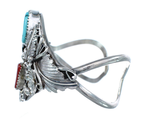 Native American Turquoise Coral Scalloped Leaf Sterling Silver Cuff Bracelet AX124851