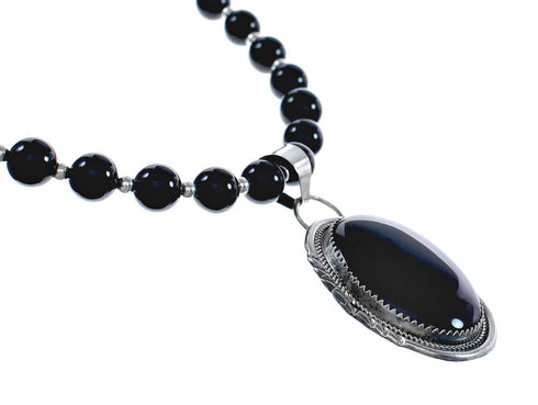 Native American Onyx Sterling Silver Bead Necklace JX125432