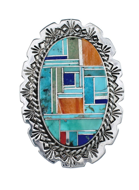 Native American Sterling Silver Multicolor Inlay Ring Size 8-3/4 AX124962