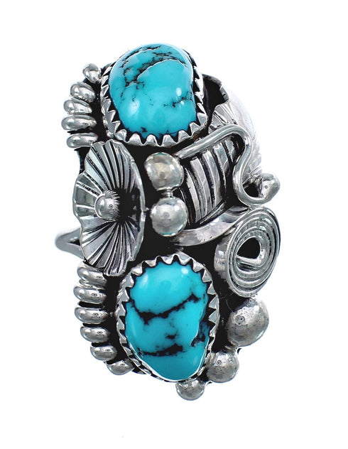 Authentic Sterling Silver Navajo Turquoise Leaf Design Ring Size 7-3/4 AX125024
