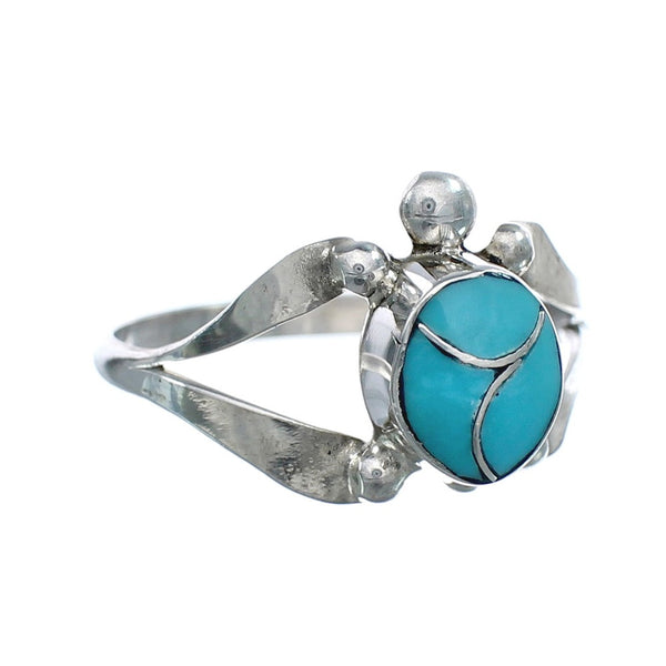 Zuni Sterling Silver Turquoise Inlay Turtle Ring Size 7-1/4 AX124894