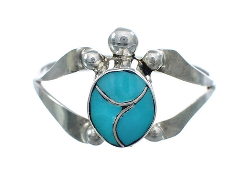 Zuni Sterling Silver Turquoise Inlay Turtle Ring Size 4 AX124884