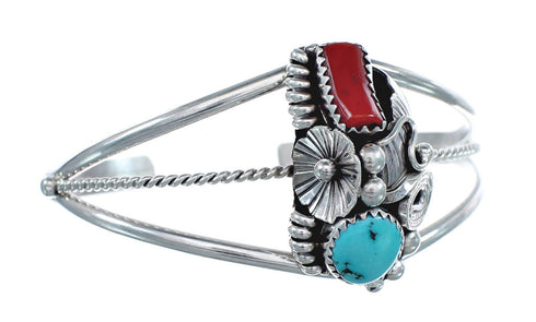 Sterling Silver Turquoise And Coral Navajo Leaf And Flower Cuff Bracelet JX125003