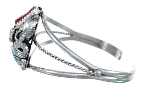 Sterling Silver Turquoise And Coral Navajo Leaf And Flower Cuff Bracelet JX125003