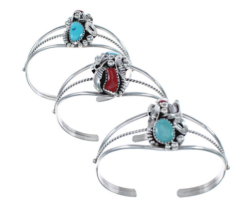 Sterling Silver Turquoise And Coral Navajo Leaf And Flower Cuff Bracelet JX125003
