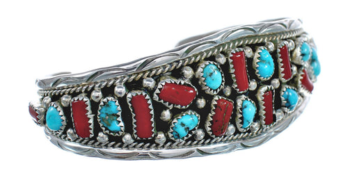 Coral and Turquoise Sterling Silver Authentic Navajo Cuff Bracelet JX125023