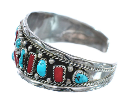Coral and Turquoise Sterling Silver Authentic Navajo Cuff Bracelet JX125023