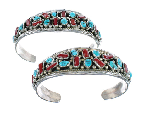 Coral and Turquoise Sterling Silver Authentic Navajo Cuff Bracelet JX125023