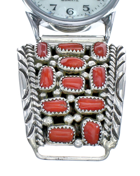 Navajo Genuine Sterling Silver Coral Stone Watch JX124980