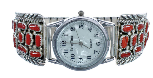 Navajo Genuine Sterling Silver Coral Stone Watch JX124980