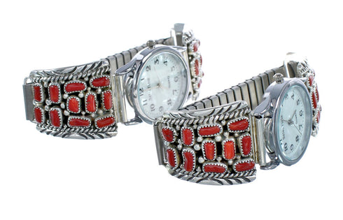 Navajo Genuine Sterling Silver Coral Stone Watch JX124980