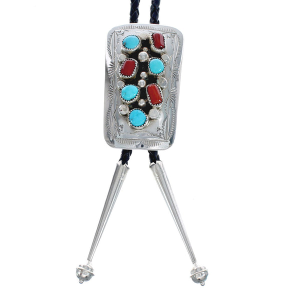 Native American Navajo Turquoise And Coral Sterling Silver Bolo Tie JX126494