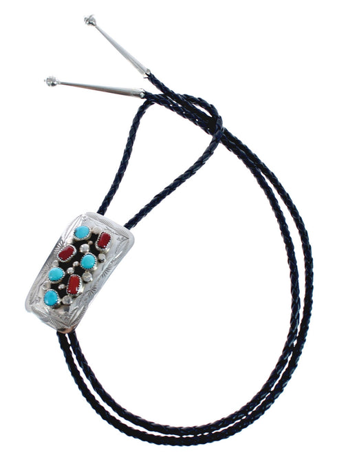 Native American Navajo Turquoise And Coral Sterling Silver Bolo Tie JX126494