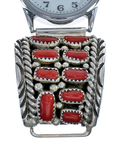 Navajo Genuine Sterling Silver Coral Stone Watch JX126440