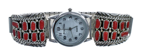 Navajo Genuine Sterling Silver Coral Stone Watch JX126440