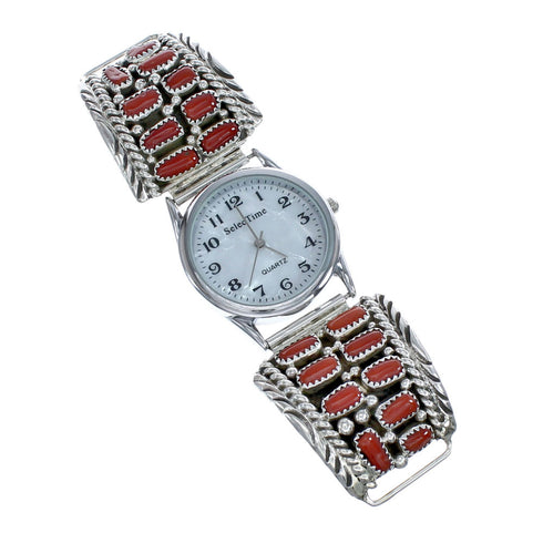 Navajo Genuine Sterling Silver Coral Stone Watch JX126442
