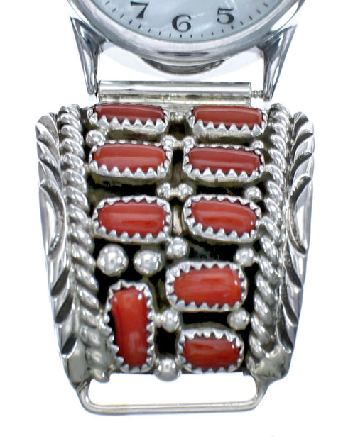 Navajo Genuine Sterling Silver Coral Stone Watch JX126442
