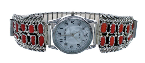 Navajo Genuine Sterling Silver Coral Stone Watch JX126442