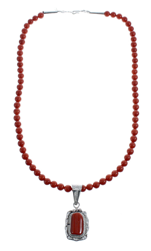 Native American Navajo Coral Round Bead Pendant Sterling Silver Necklace JX126558