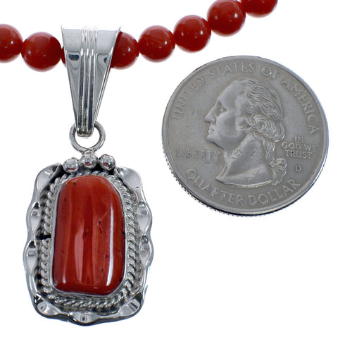 Native American Navajo Coral Round Bead Pendant Sterling Silver Necklace JX126558