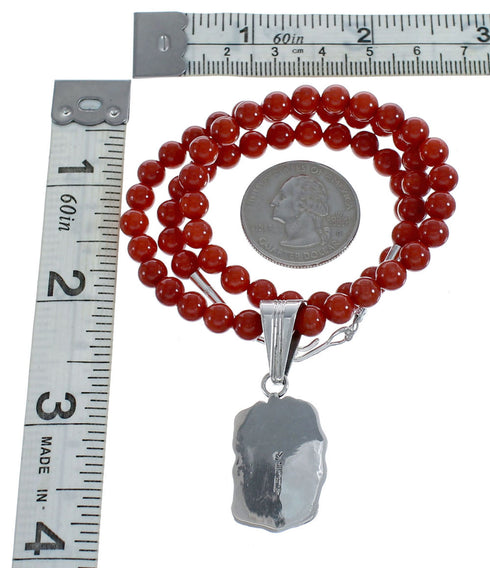 Native American Navajo Coral Round Bead Pendant Sterling Silver Necklace JX126558