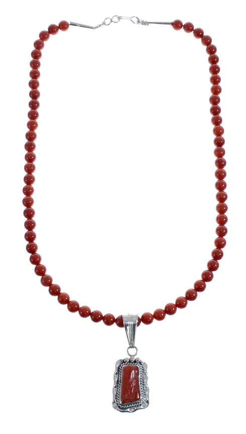 Native American Navajo Coral Round Bead Pendant Sterling Silver Necklace JX126562