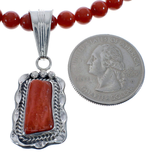 Native American Navajo Coral Round Bead Pendant Sterling Silver Necklace JX126562