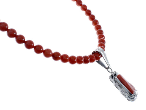 Native American Navajo Coral Round Bead Pendant Sterling Silver Necklace JX126562