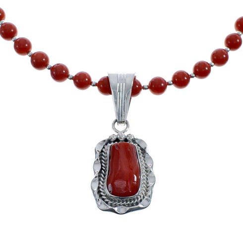 Native American Navajo Coral Bead Pendant Sterling Silver Necklace JX126569
