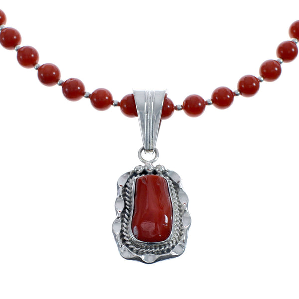 Native American Navajo Coral Bead Pendant Sterling Silver Necklace JX126569