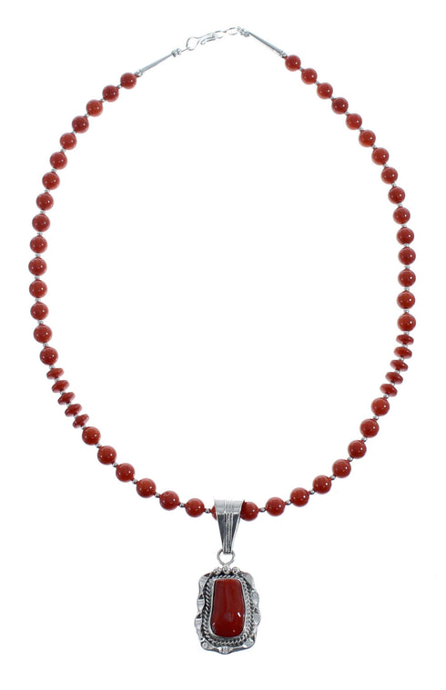 Native American Navajo Coral Bead Pendant Sterling Silver Necklace JX126569