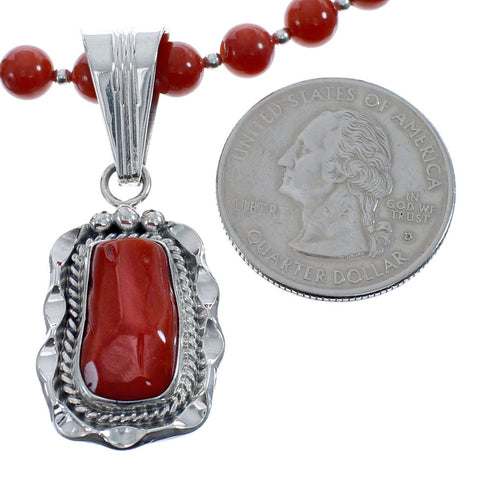 Native American Navajo Coral Bead Pendant Sterling Silver Necklace JX126569