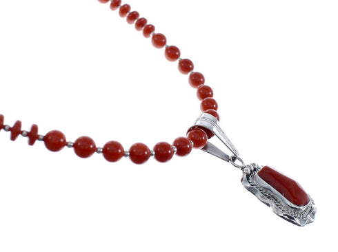 Native American Navajo Coral Bead Pendant Sterling Silver Necklace JX126569