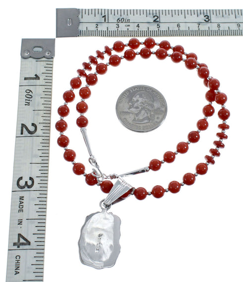 Native American Navajo Coral Bead Pendant Sterling Silver Necklace JX126569